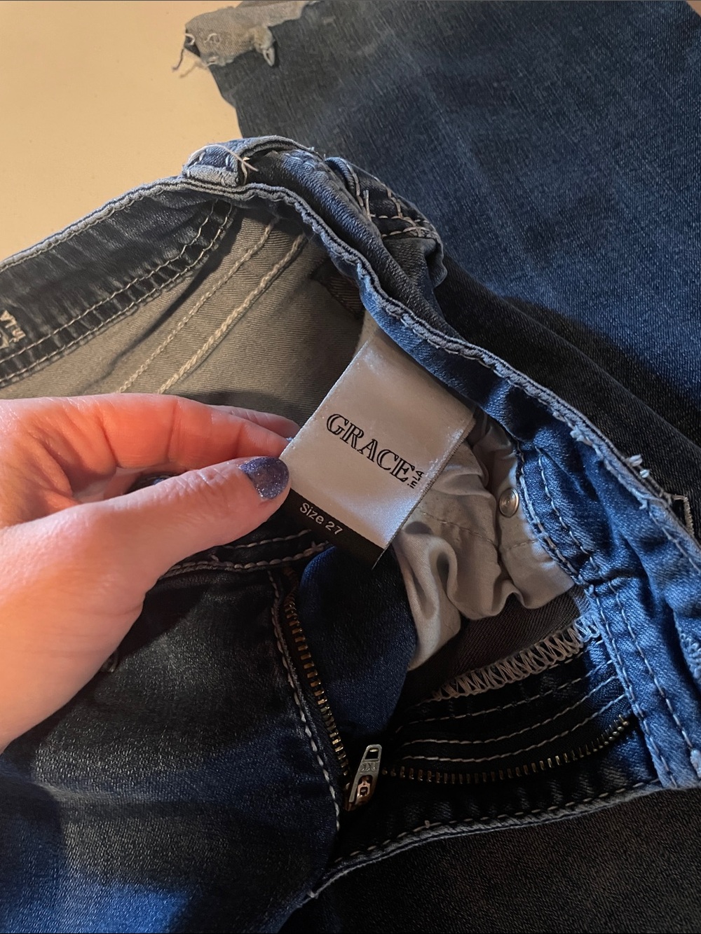 Grace Women's Skinny Jeans in Dark Blue with Fading - Picture 2 of 5